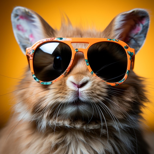 cute bunny wearing a sunglasses with a golden easter bunny high quality photo