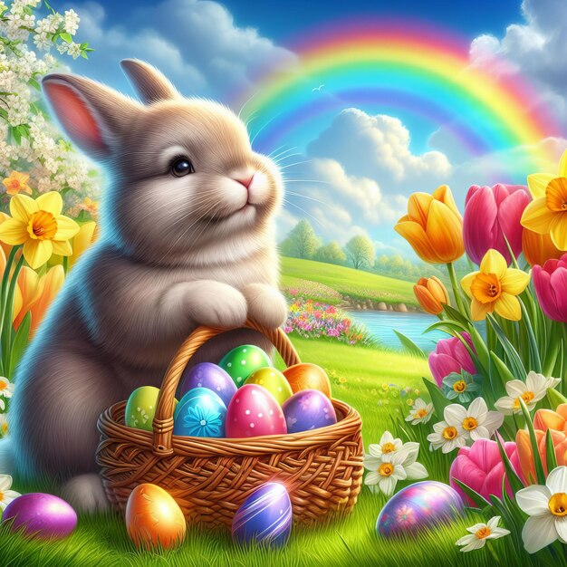 Cute bunny with a basket of colorful Easter eggs amidst blooming flowers under a bright rainbow