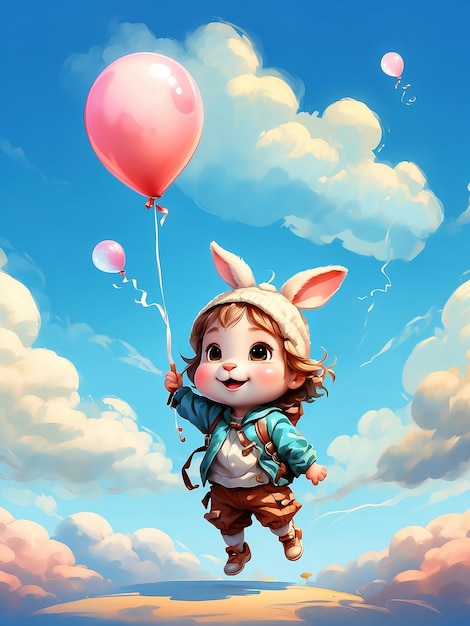 Photo cute bunny with colorful balloons floating in the blue sky