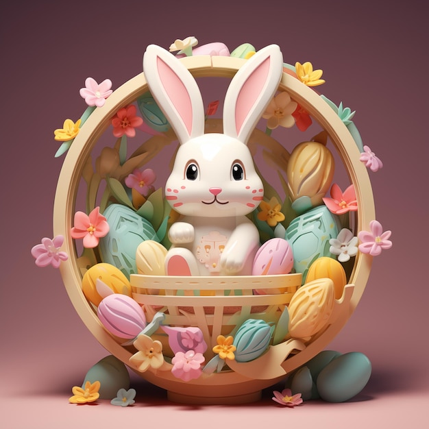 Cute bunny with colorful Easter eggs