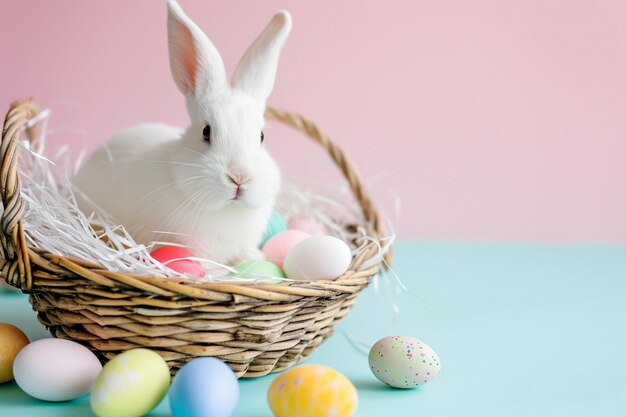 a cute bunny with colorful pastel easter eggs basket