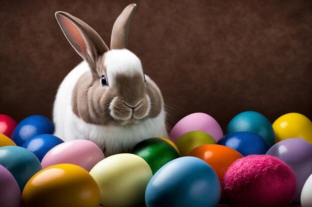 Cute bunny with Easter egg colorful background Generate Ai