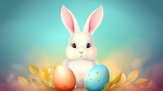 Cute bunny with Easter egg colorful background Generative AI