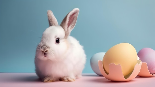 Милый кролик с красочным фоном пасхального яйца Generative AI