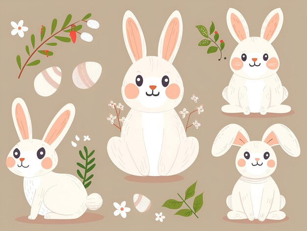 Cute bunny with easter eggs and flowers set cartoon illustration set of drawings