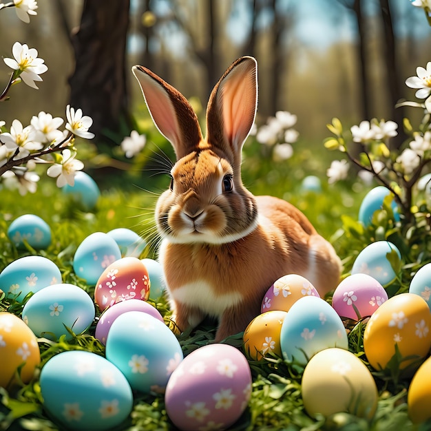 Cute bunny with Easter eggs and nature Background