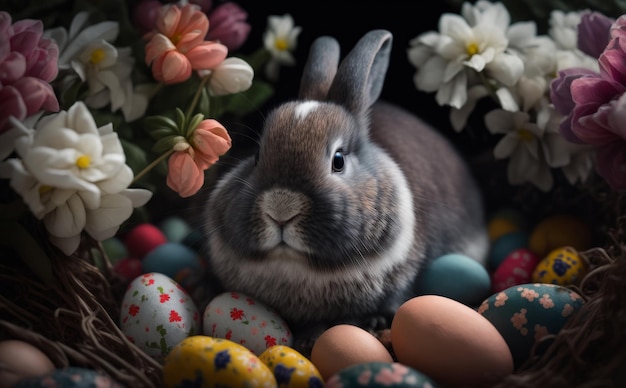 Cute Bunny with Eggs In Flower Spring holiday background Generative AI