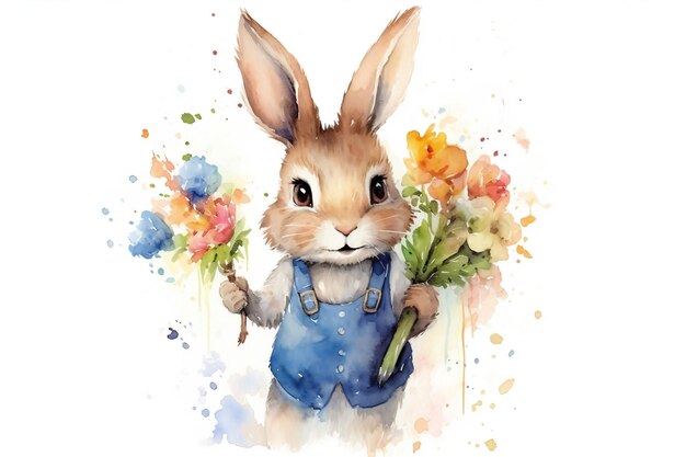 A Cute Bunny with Flower Bouquet Generative AI