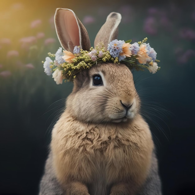 cute bunny with flower crown close up view generative AI