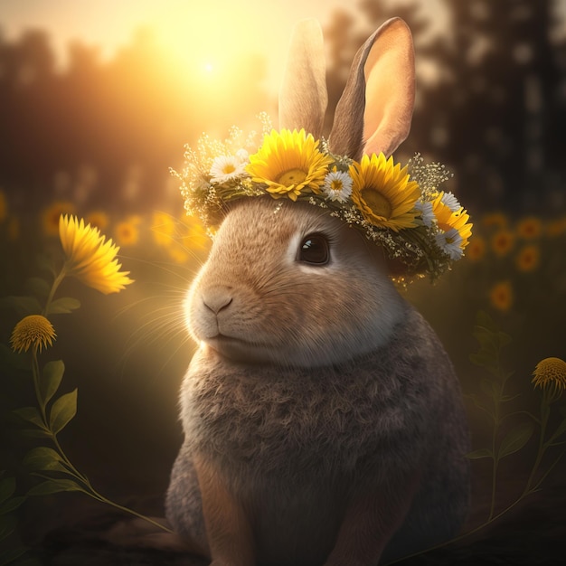 cute bunny with flower crown close up view generative AI