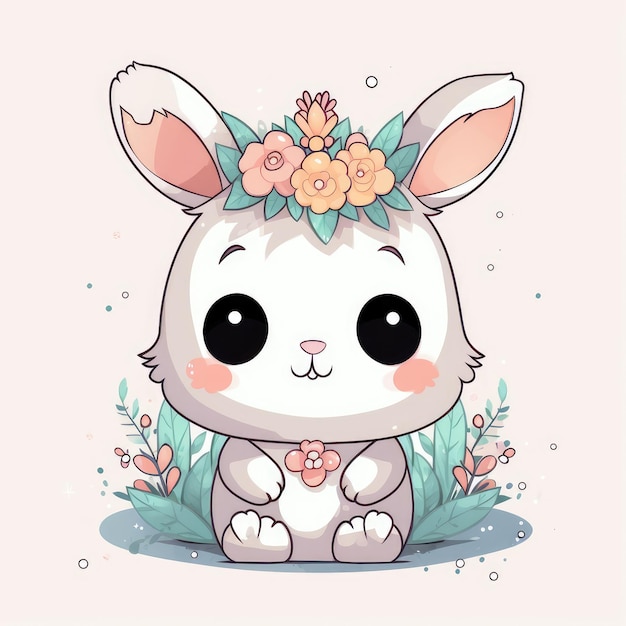 머리에 꽃 왕관을 쓴 귀여운 토끼.