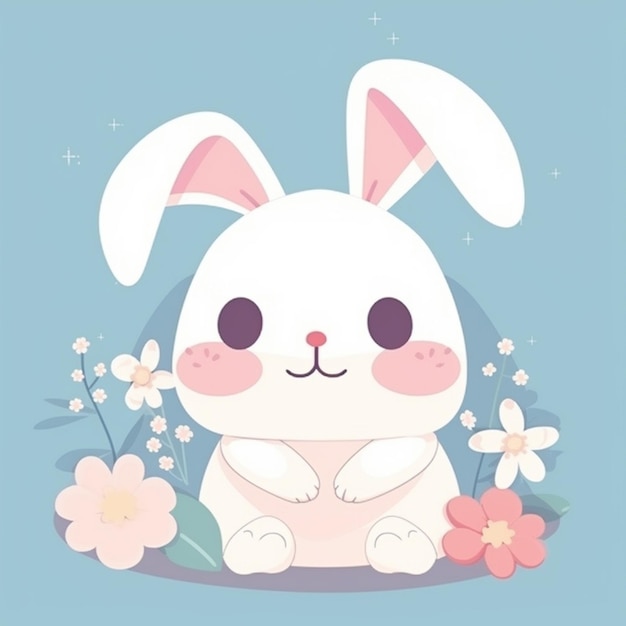 A cute bunny with flowers and a blue background.