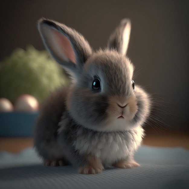 A cute bunny with a grey blanket and eggs behind it