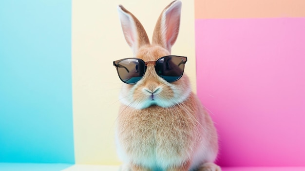 cute bunny with sunglasses on colorful background AI Generative