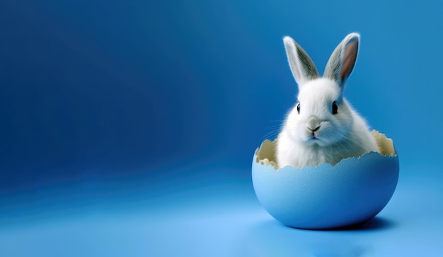 白い毛皮と長い耳を持つかわいいウサギが青い背景の卵の上に座っています。