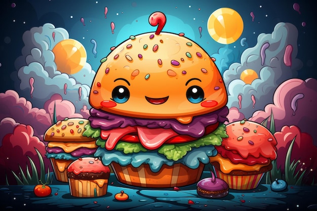 Cute burger cartoon mascot charate vector High quality photo