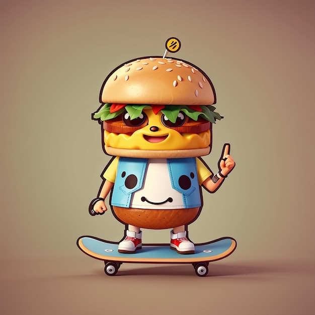 Cute burger playing skateboard cartoon vector icon illustration food sport icon concept isolated