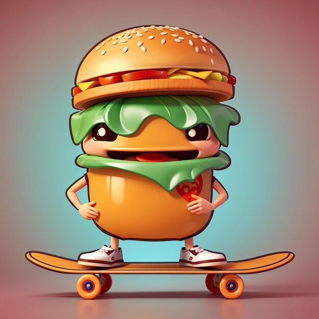 Cute burger playing skateboard cartoon vector icon illustration food sport icon concept isolated