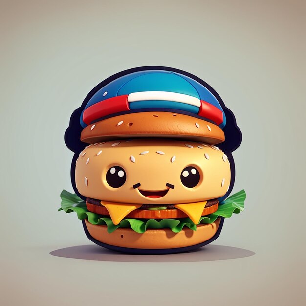 Cute burger with cap cartoon vector icon illustration food object icon concept isolated flat vector