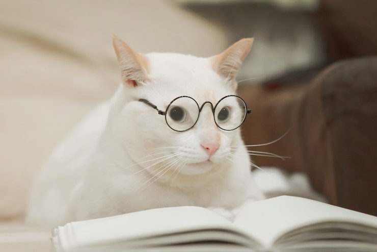Cute business cat wearing glasses reading book . white cat lying on sofa.