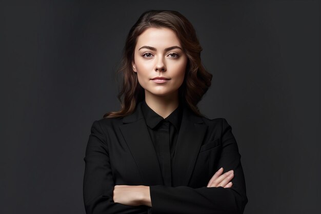 cute business woman in black suit and cross arms