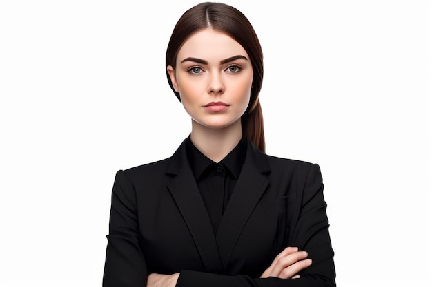 cute business woman in black suit and cross arms