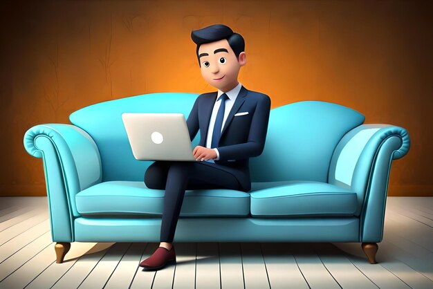 Cute businessman working with laptop on sofa and having great idea 3d illustration cartoon character