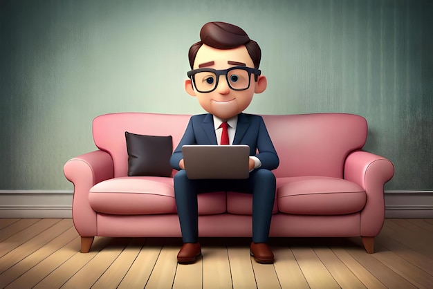 cute businessman working with laptop on sofa and having great idea 3d illustration cartoon character