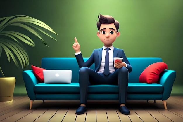 cute businessman working with laptop on sofa and having great idea 3d illustration cartoon character