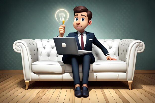 Photo cute businessman working with laptop on sofa and having great idea 3d illustration cartoon character