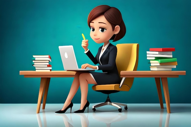 Photo cute businesswoman working with laptop and having great idea 3d illustration
