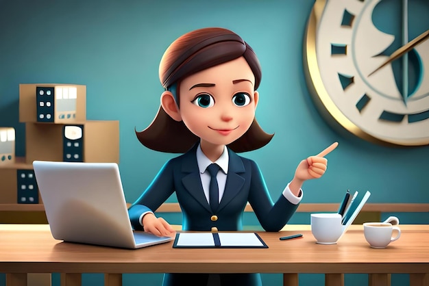 cute businesswoman working with laptop and having great idea 3d illustration
