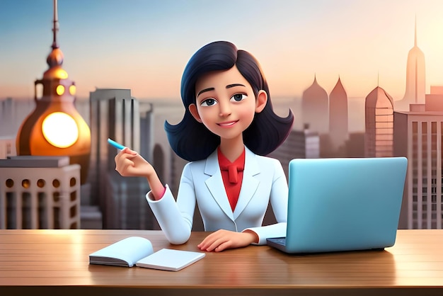 Cute businesswoman working with laptop and having great idea 3d illustration