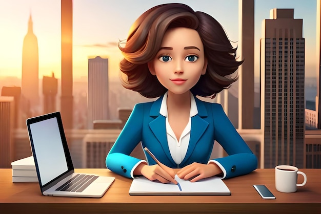 Photo cute businesswoman working with laptop and having great idea 3d illustration