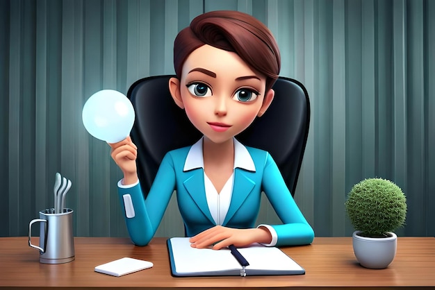 cute businesswoman working with laptop and having great idea 3d illustration
