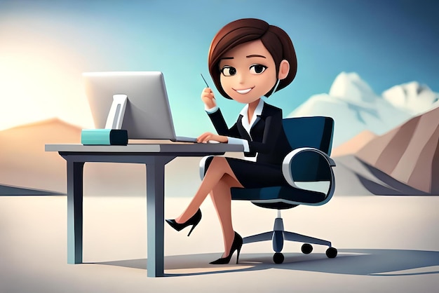 Photo cute businesswoman working with laptop and having great idea 3d illustration