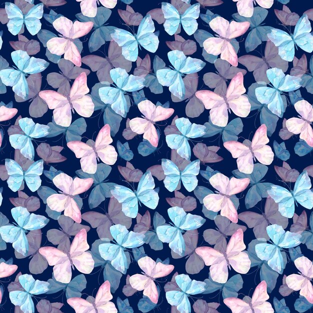 Cute butterflies hand drawn watercolor seamless pattern delicate blue and purple color butterflies w