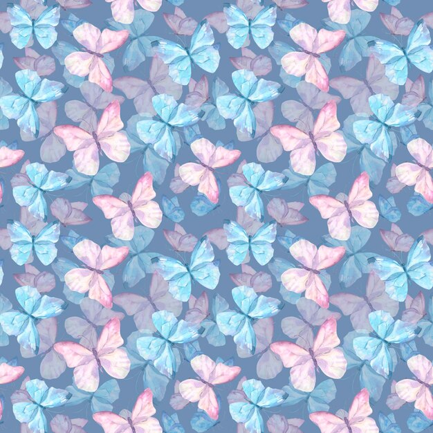 Cute butterflies hand drawn watercolor seamless pattern delicate blue and purple color butterflies