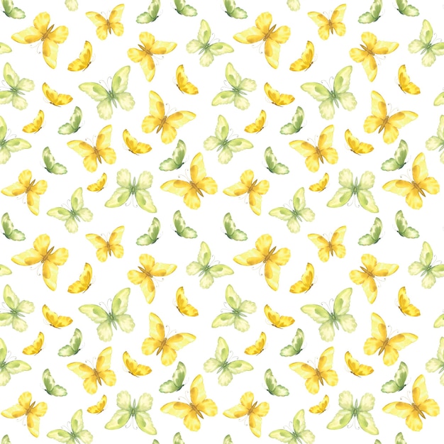 Cute butterflies hand drawn watercolor seamless pattern delicate yellow and green color butterflies