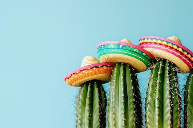 Cute cacti in Mexican hats on blue background