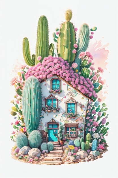 Милый дом феи из кактуса Иллюстрация генеративного ИИ