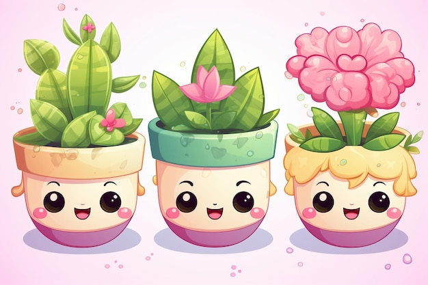 Cute cactus plants in pot image white background art