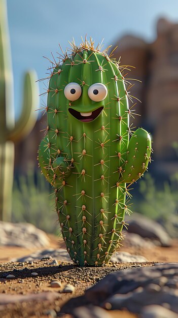 A cute cactus smiling standing in the desert