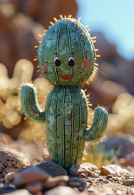 A cute cactus smiling standing in the desert