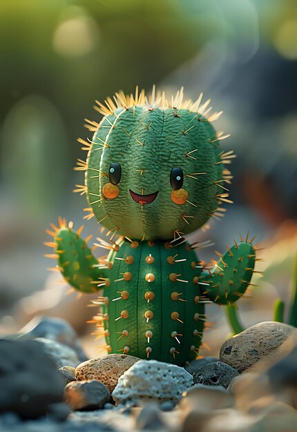 A cute cactus smiling standing in the desert