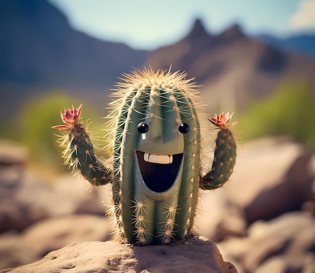 Photo cute cactus with smiling emoticon face in middle of desert many cactuses isolated on white or black