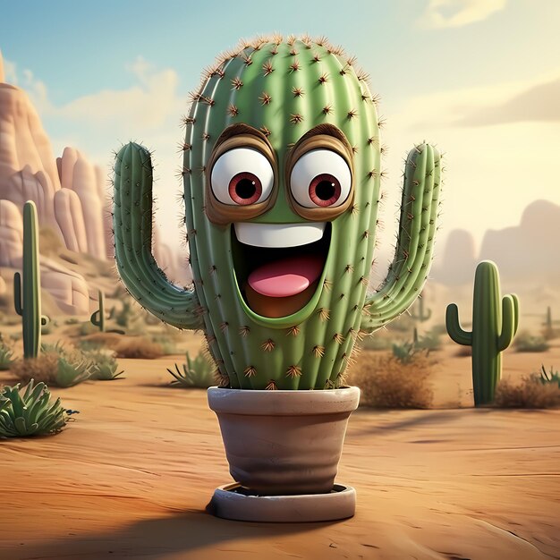 Photo cute cactus with smiling emoticon face in middle of desert many cactuses isolated on white or black