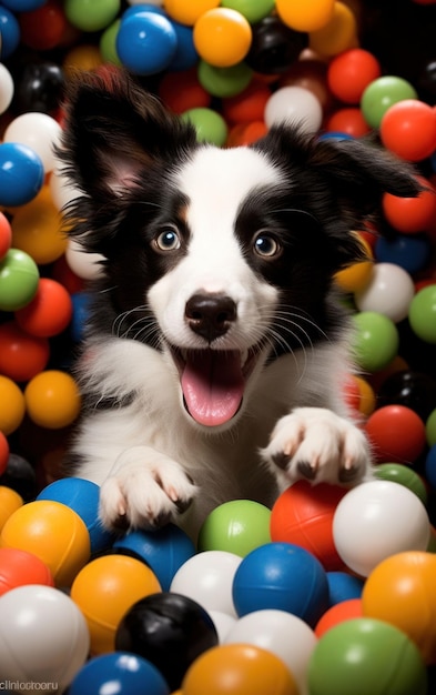 Cute canine corralling a rainbow of play balls
