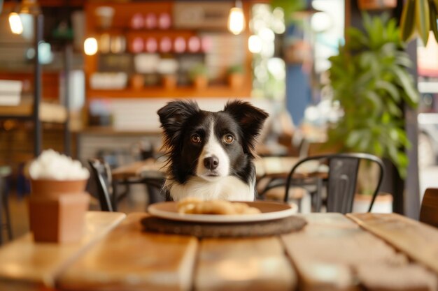 写真 可愛い犬が動物に触発された装飾でペットフレンドリーなカフェで食事を楽しんでいます