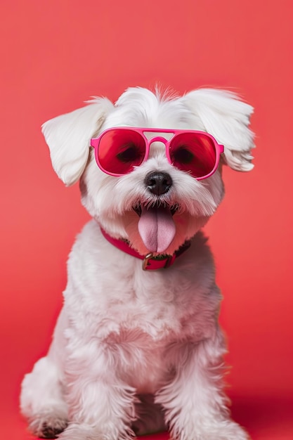 Cute Canino Puppy Smiling in Red Sunglasses on Pink Table